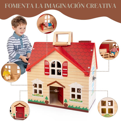 WOODMAM Casa de muñecas plegable de madera con muebles para juegos...