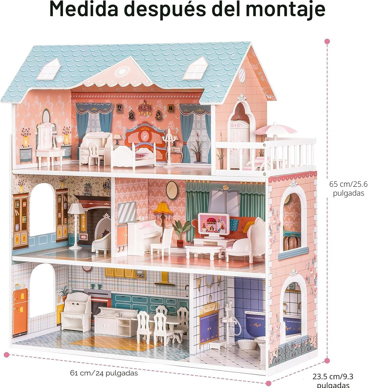 ROBUD Casa de muñecas de madera con muebles azul para niñas 3-6 | D...