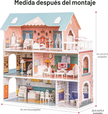 ROBUD Casa de muñecas de madera con muebles azul para niñas 3-6 | D...