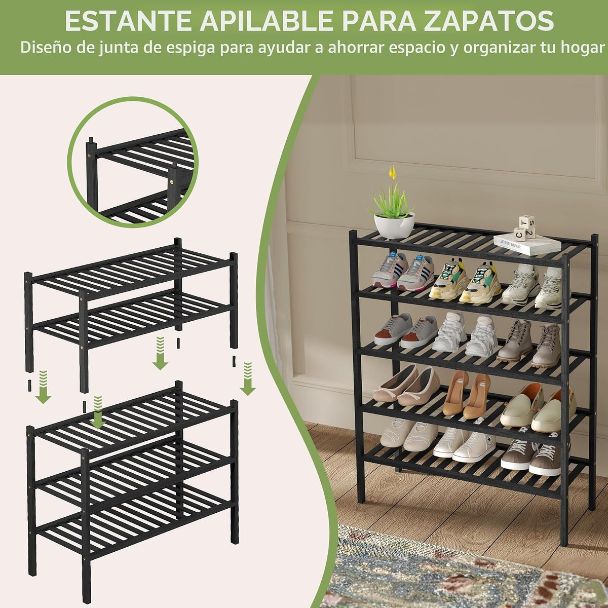 ROMGUAR CRAFT - Zapatera de bambú de 2 niveles para armario, estant...