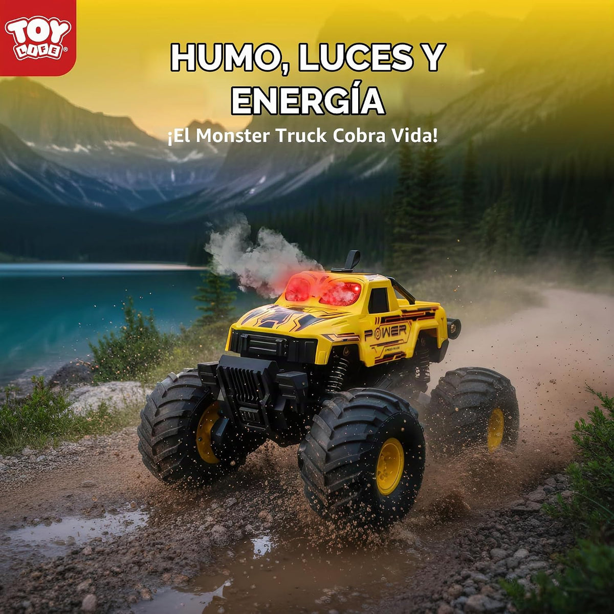 TOY Life Anfibio RC Monster Truck, spray de niebla y luces, amarill...