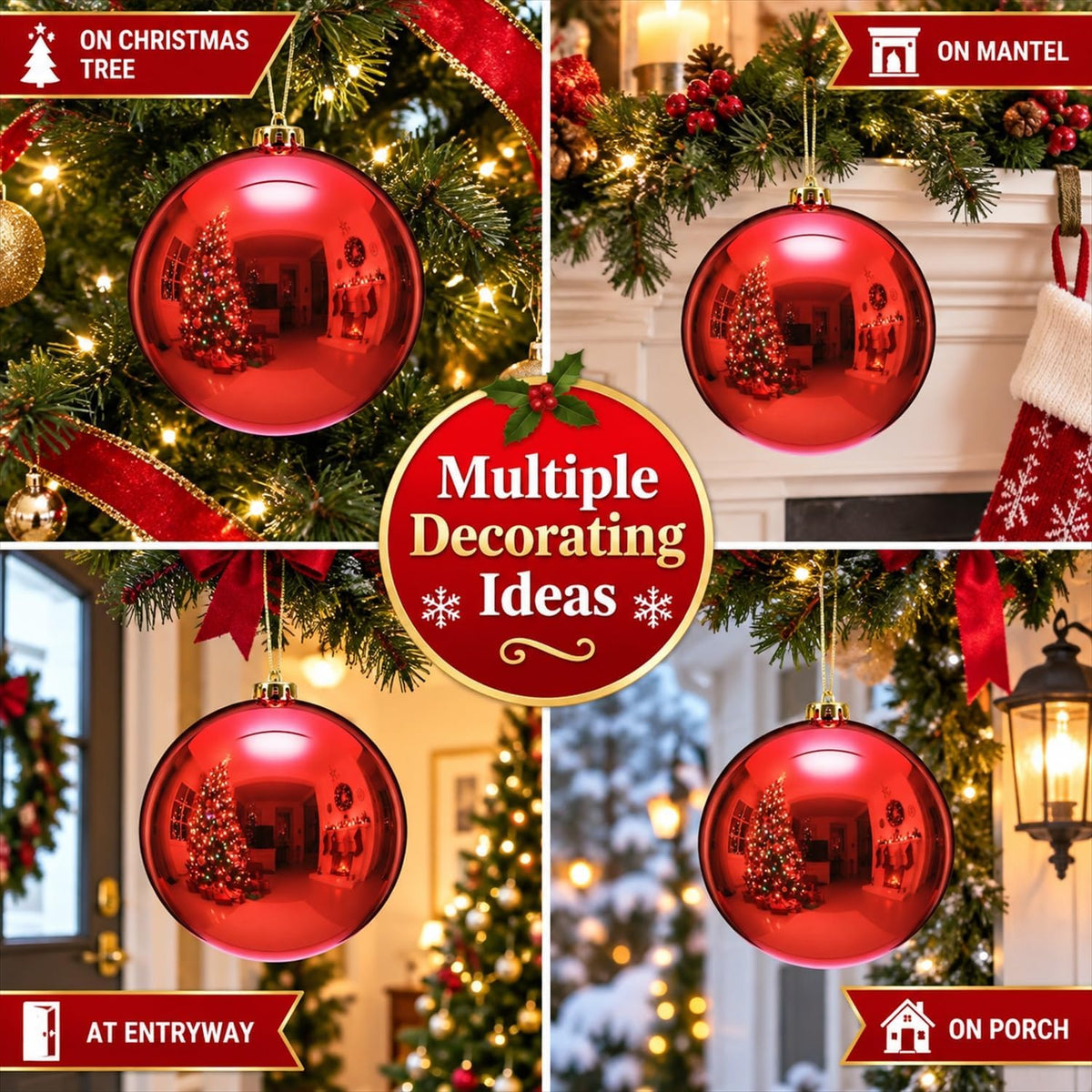 Zubebe - 4 bolas grandes de adornos de Navidad rojos brillantes de...
