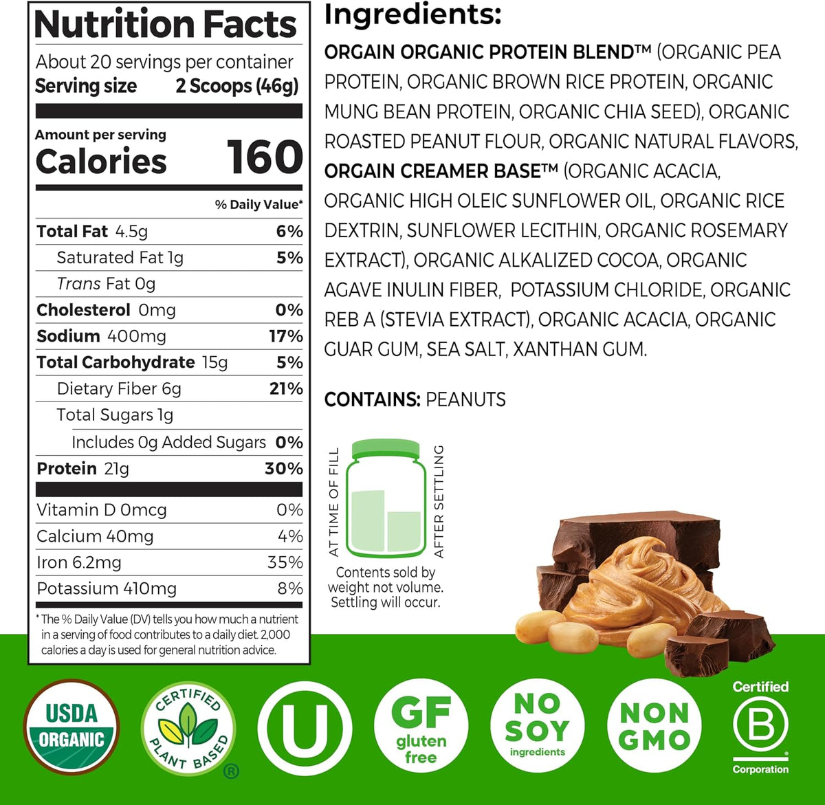 Orgain Proteína en polvo vegana orgánica de 0.74 oz, mantequilla de...