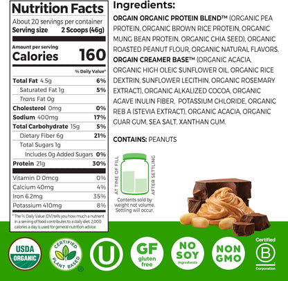 Orgain Proteína en polvo vegana orgánica de 0.74 oz, mantequilla de...
