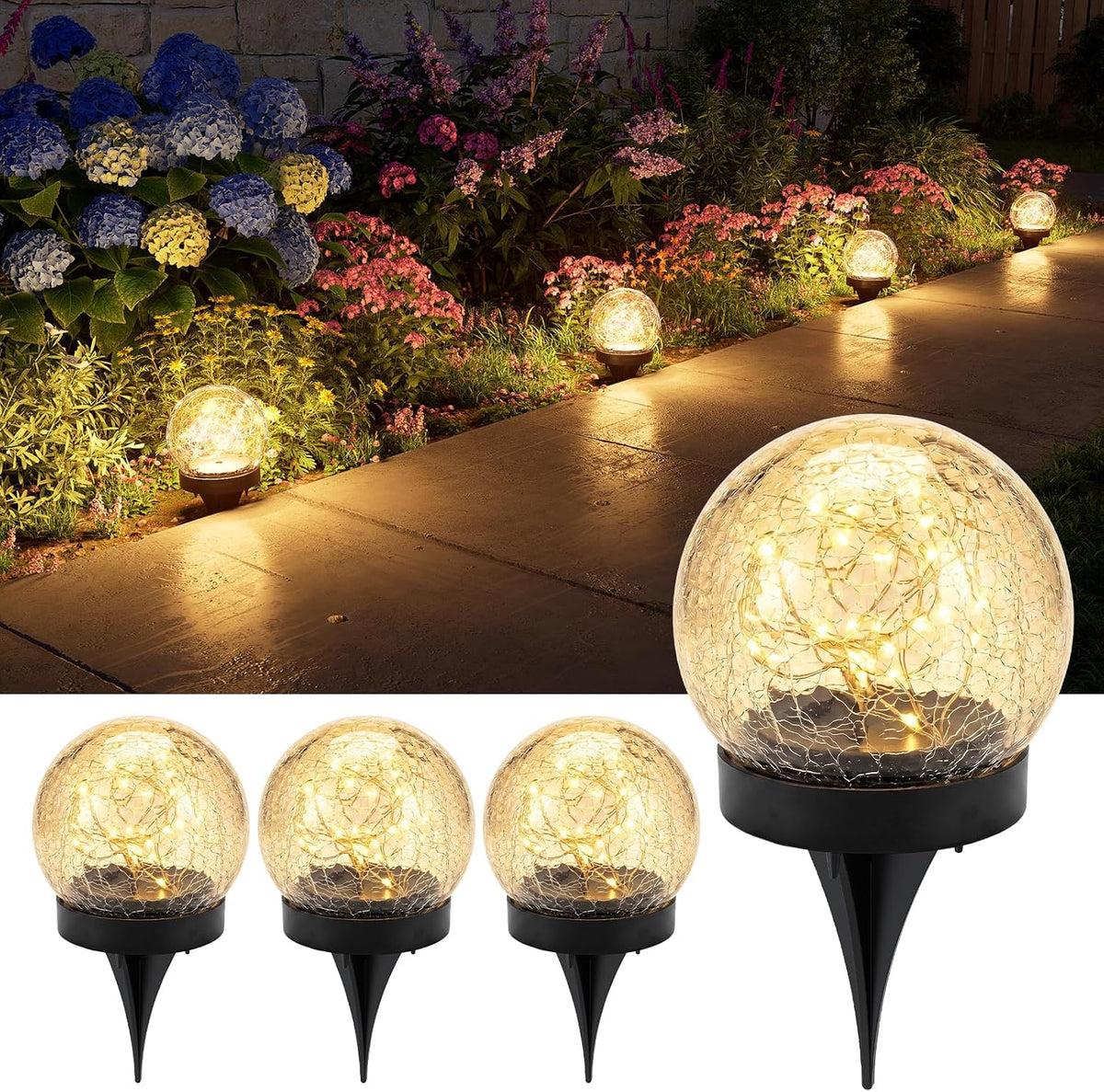 GVSHINE Paquete de 4 luces de globo de vidrio agrietado de color bl...