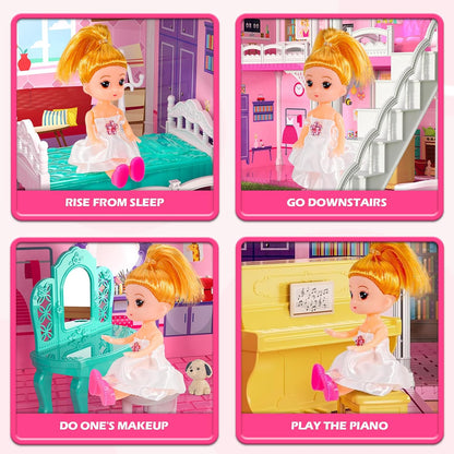 Doloowee Casa de muñecas DIY de 3 pisos con 7 habitaciones, mascota...