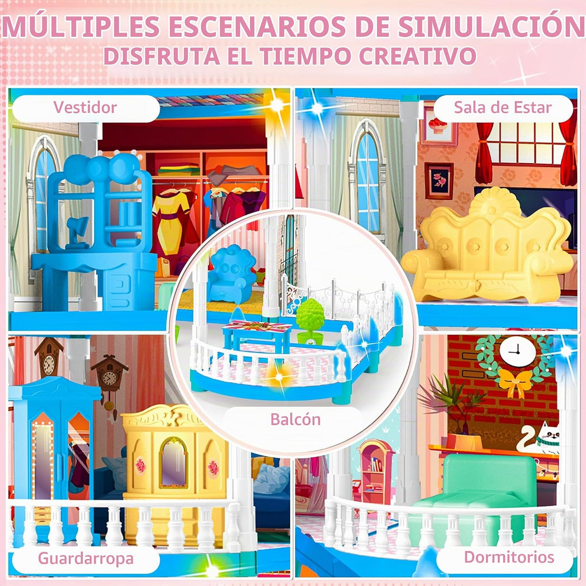 Seifar Casa de muñecas para niñas, 10 habitaciones, casa azul de ju...