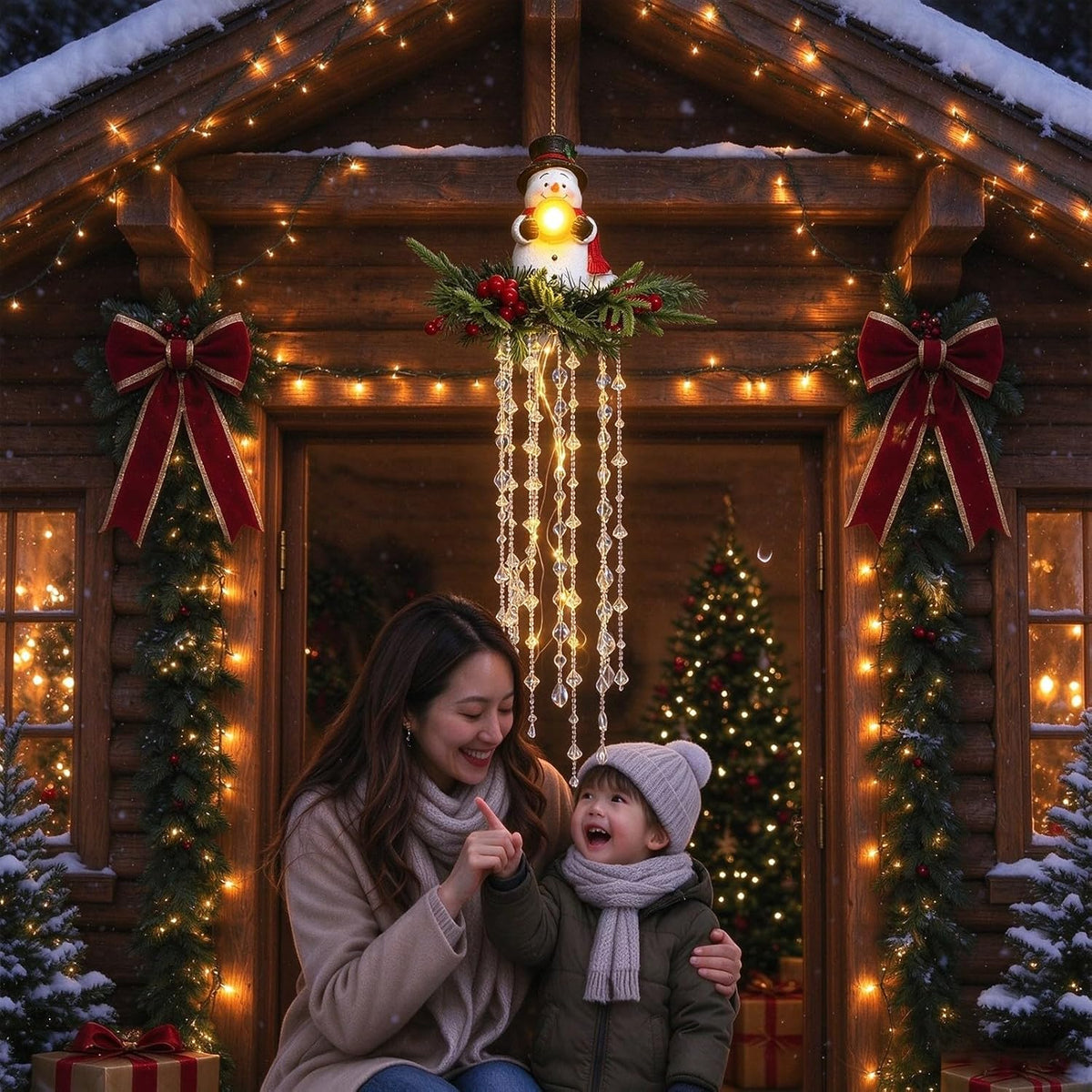 Luz de Navidad en cascada de cristal, copo de nieve colgante y deco...