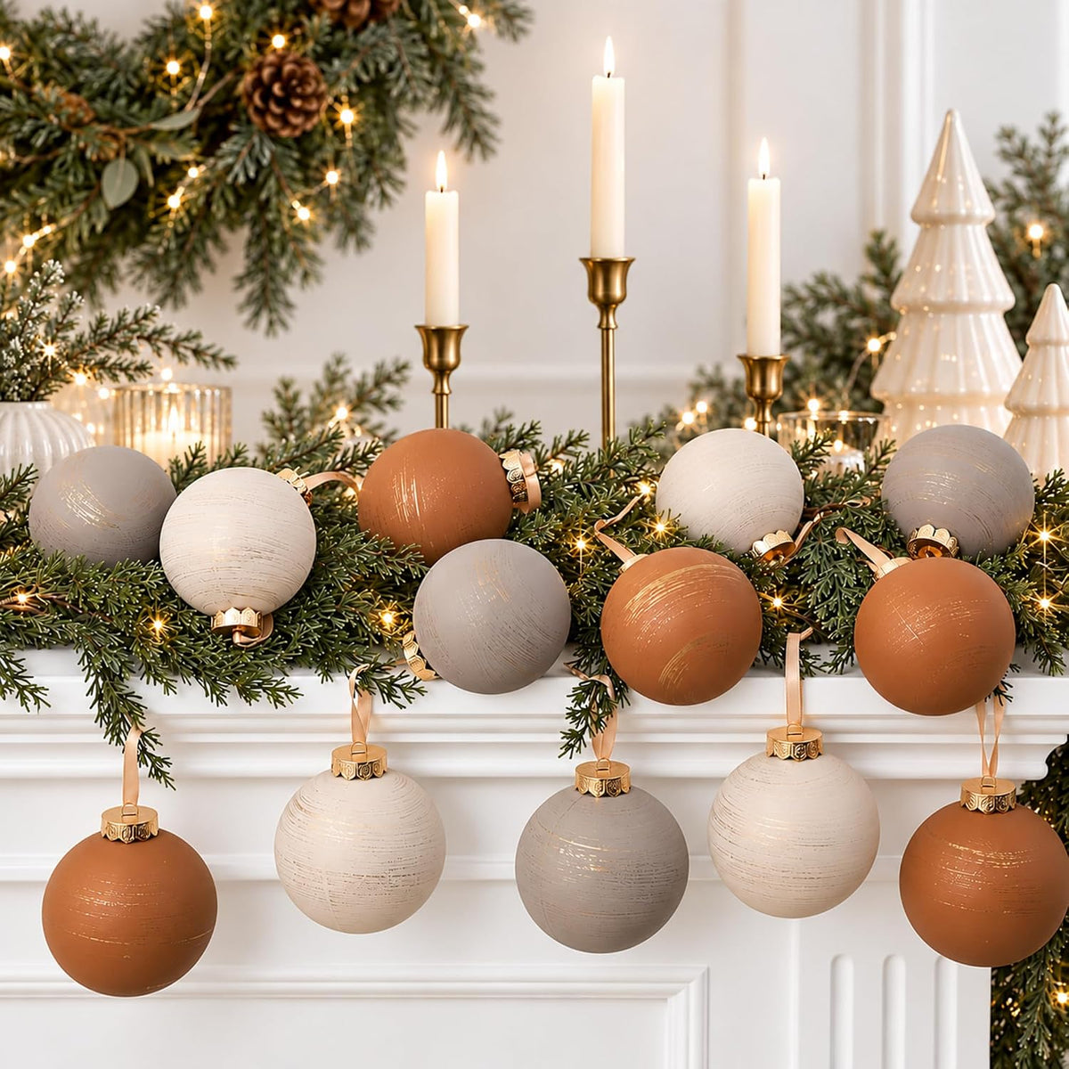 Yunlly - 12 adornos de Navidad neutros 2026, color beige marfil car...