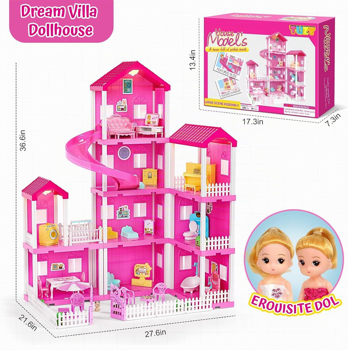 TUZT Casa de muñecas de 4 pisos con piscina y tobogán, figuras de j...
