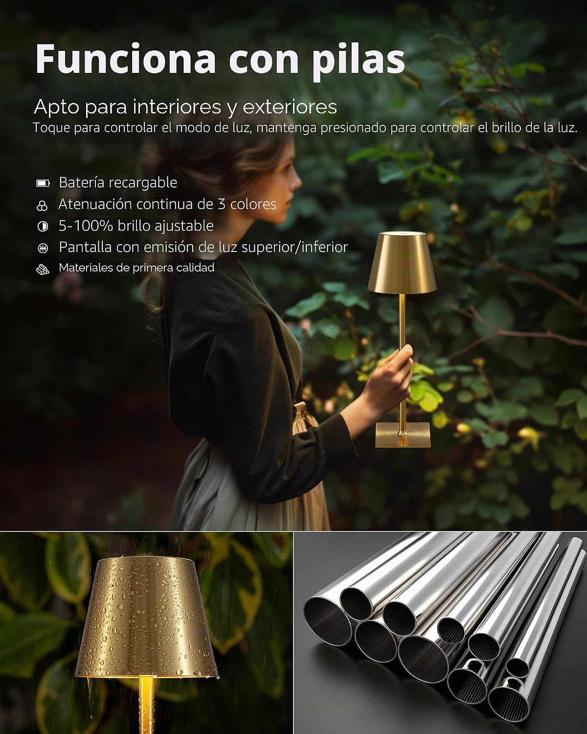 KDG Paquete de 2 lámparas de mesa inalámbricas doradas, lámparas de...