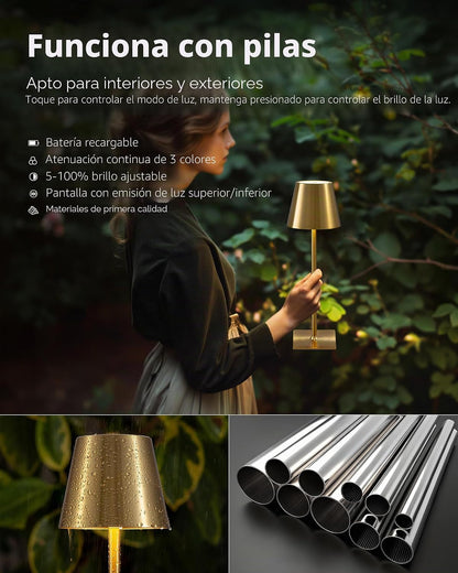 KDG Paquete de 2 lámparas de mesa inalámbricas doradas, lámparas de...