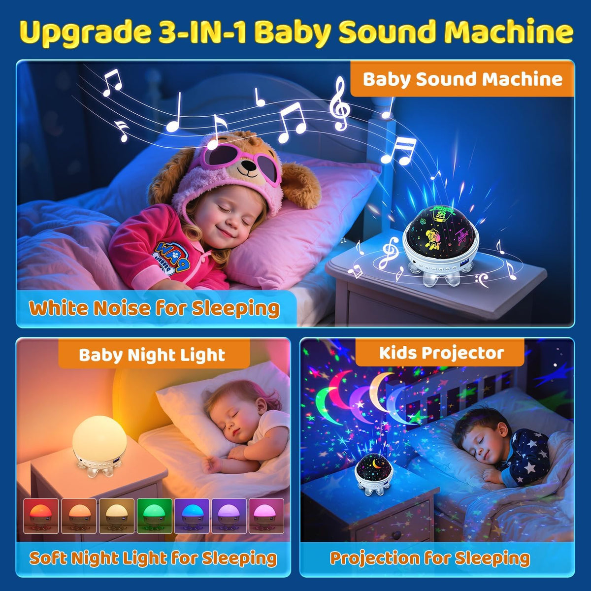 Máquina de sonido para bebés para niños, proyector de luz nocturna...
