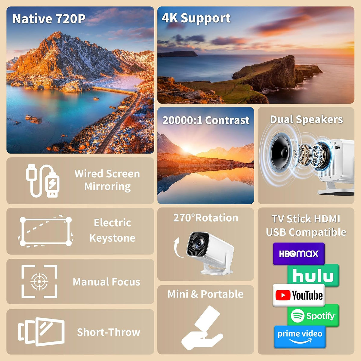 Mini proyector con soporte 4K, proyector portátil de corto alcance...