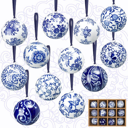 Cindeer - 12 bolas de porcelana de Navidad azules y blancas, estilo...