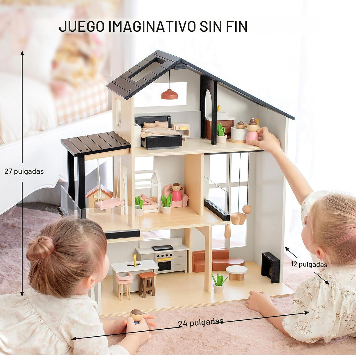 Tiny Land Casa de muñecas de madera, casa de muñecas familiar moder...