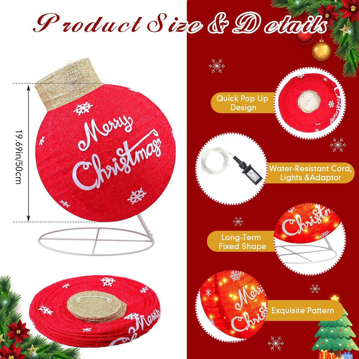 Dingion - Juego de 4 bolas de Navidad grandes para exteriores ilumi...