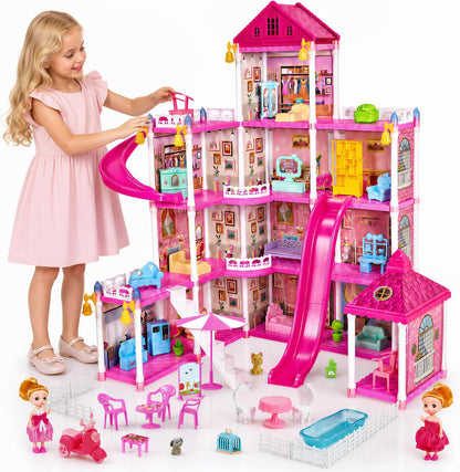 KLADNDER Casa de muñecas de 4 pisos con 12 habitaciones para niñas,...