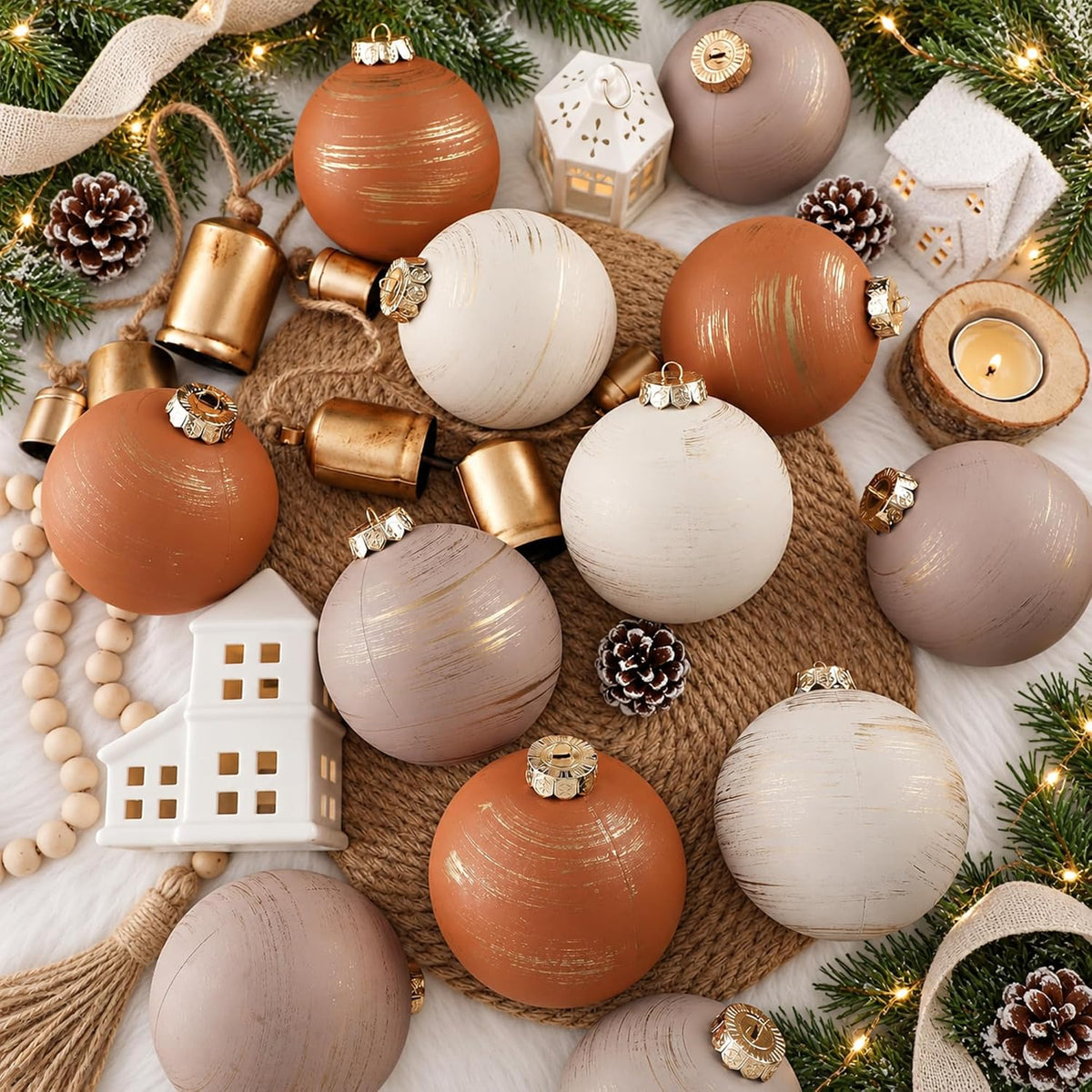 Yunlly - 12 adornos de Navidad neutros 2026, color beige marfil car...