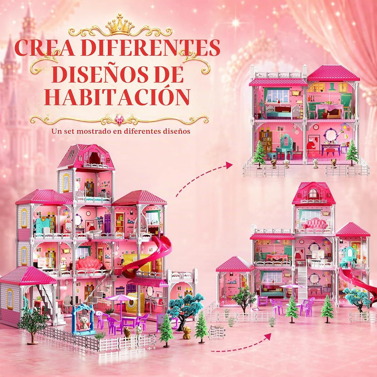 Casa de 4 pisos para niñas de 3 a 7 años, juego de villa con 2 muñe...