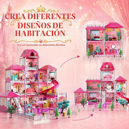 Casa de 4 pisos para niñas de 3 a 7 años, juego de villa con 2 muñe...