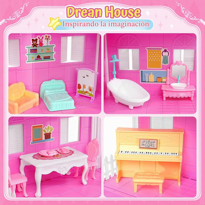 TUZT Casa de muñecas de 4 pisos con piscina y tobogán, figuras de j...