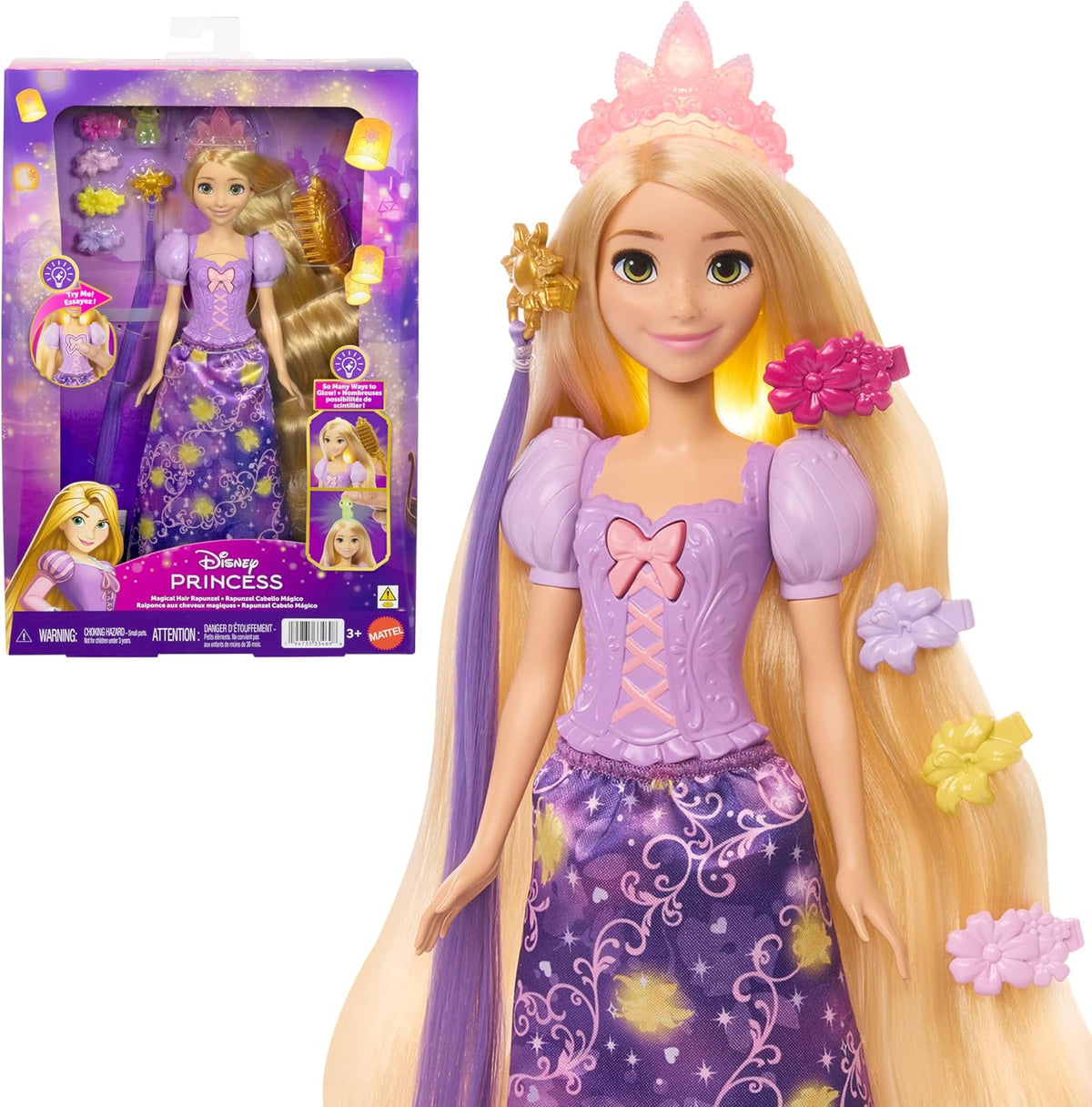 Mattel Disney Princess Rapunzel Fashion Doll con pelo iluminado y m...