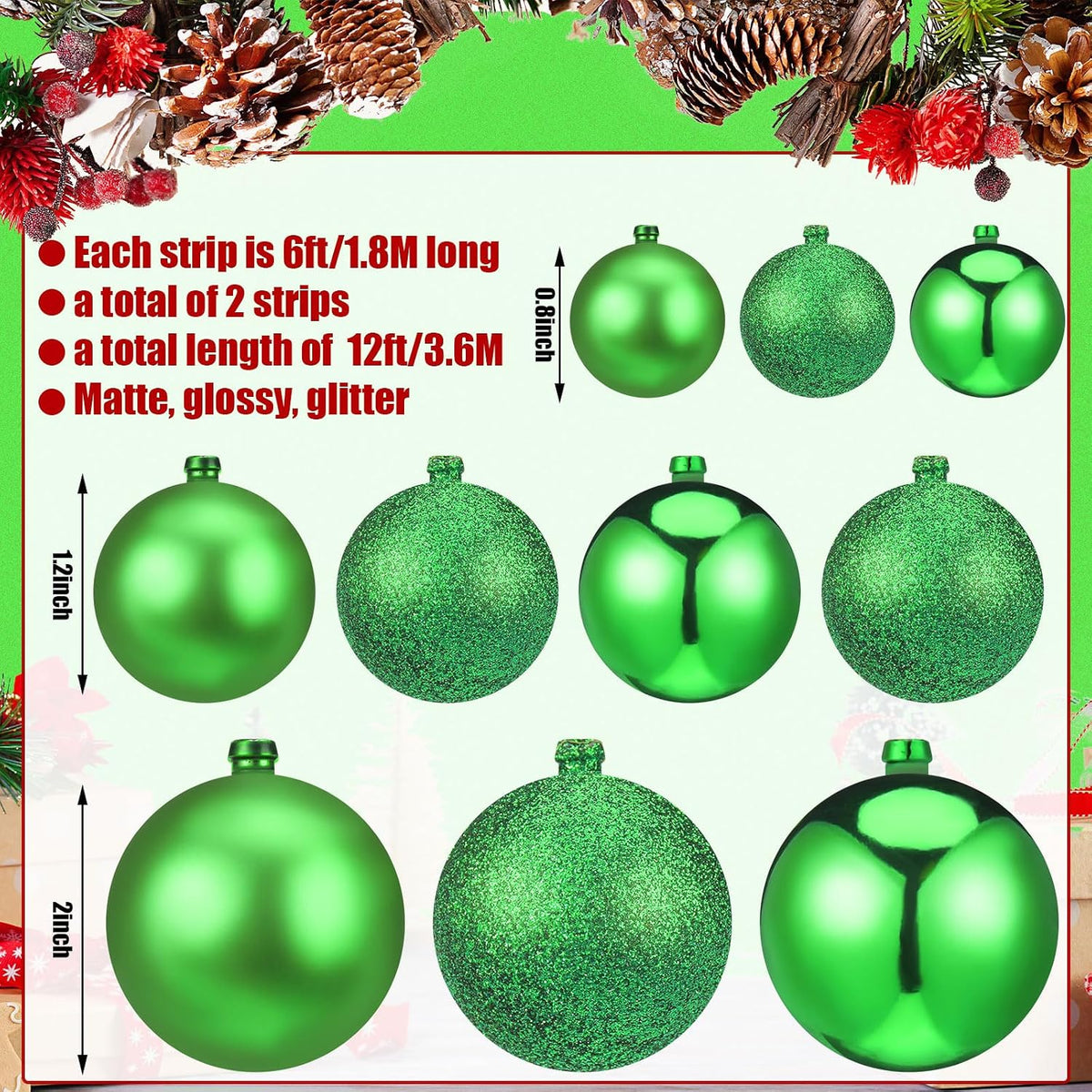 Yuxung - 2 guirnaldas de bolas de Navidad de 6 pies, color verde hi...