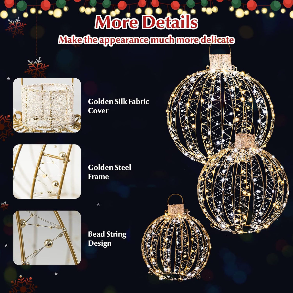 Tangkula - Paquete de 3 bolas de Navidad con luz LED, adornos de me...