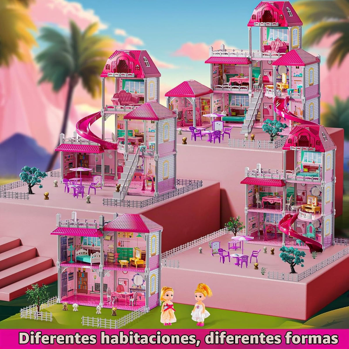 JUKUDAHU Juego de villa para niñas de 3 a 7 años, 3 pisos, 8 habita...