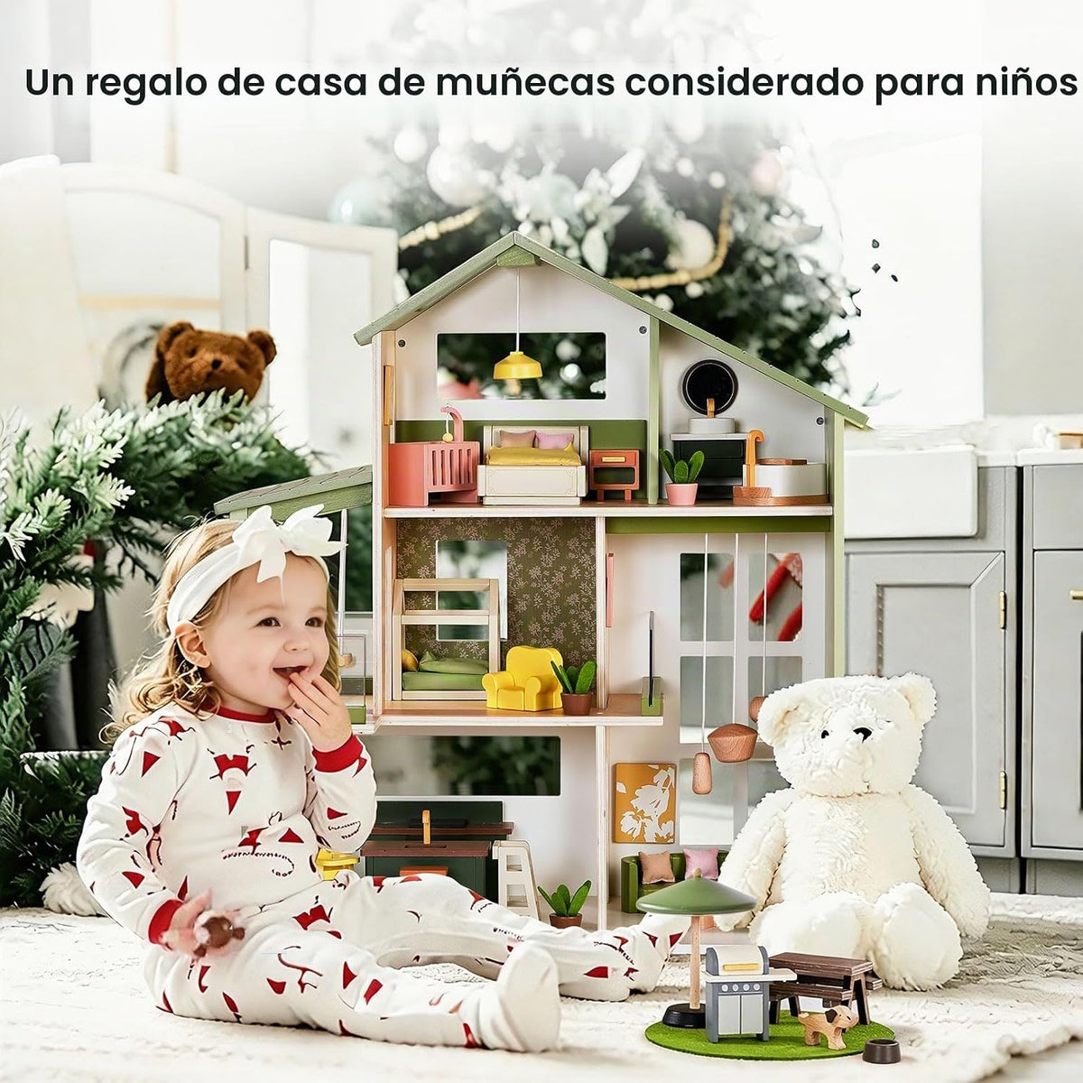 Tiny Land Casa de muñecas de madera, casa de muñecas familiar moder...