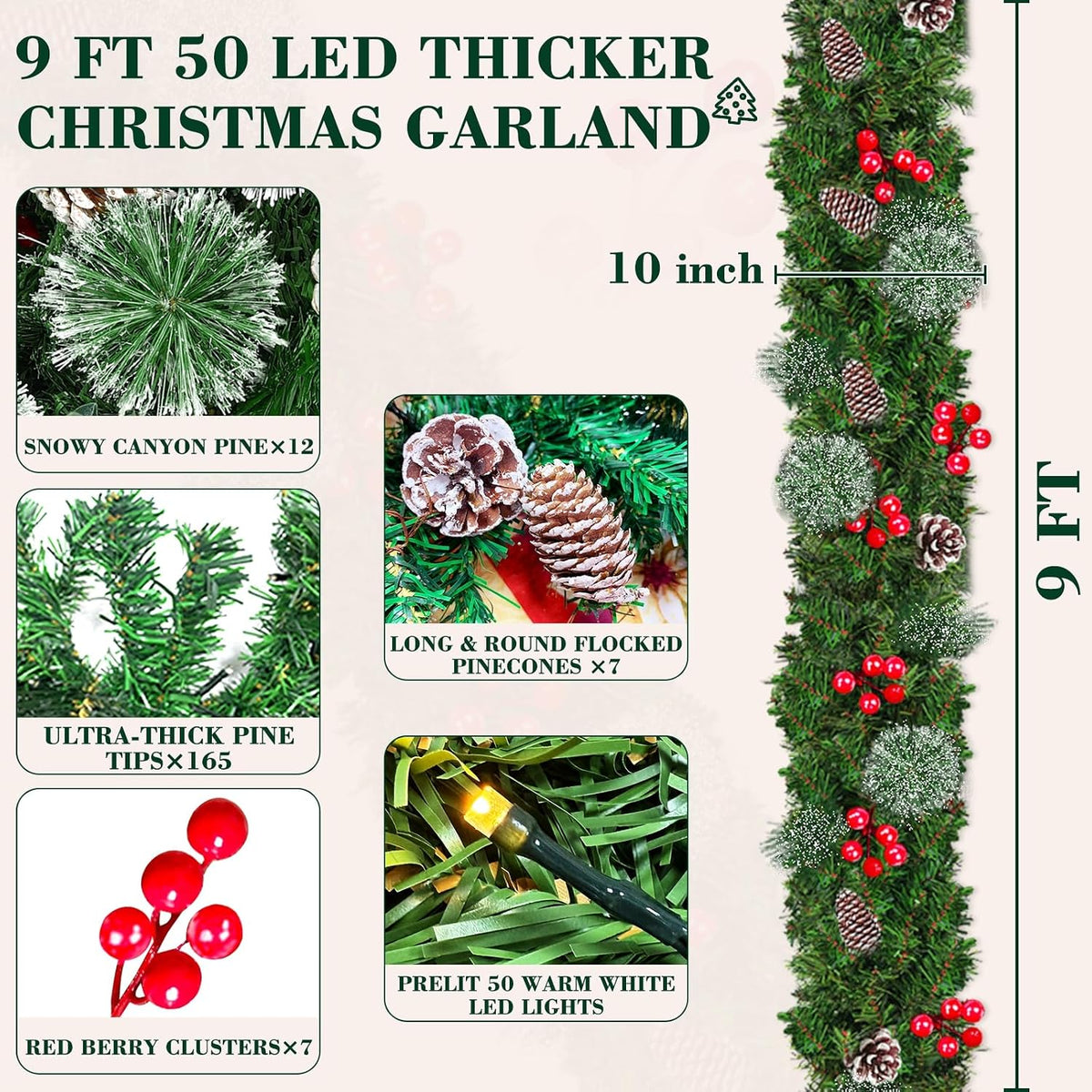 Guirnalda de Navidad de 9 pies por 10 pulgadas, 50 luces LED, guirn...