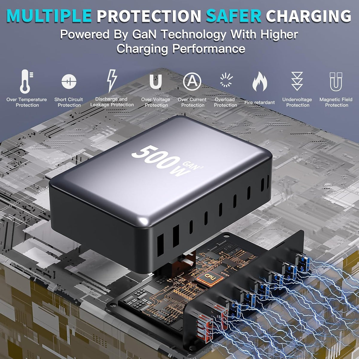 Estación de carga USB C GaN de 500 W, bloque de carga rápida de 8 p...