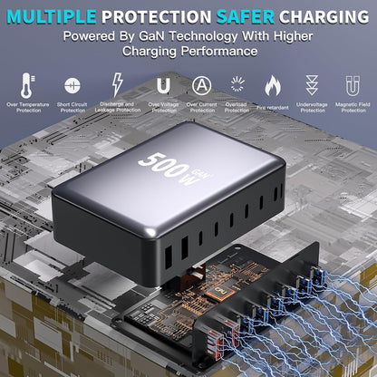 Estación de carga USB C GaN de 500 W, bloque de carga rápida de 8 p...