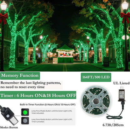 Tcamp 500 luces LED verdes de Navidad de 164 pies, 8 modos, tempori...