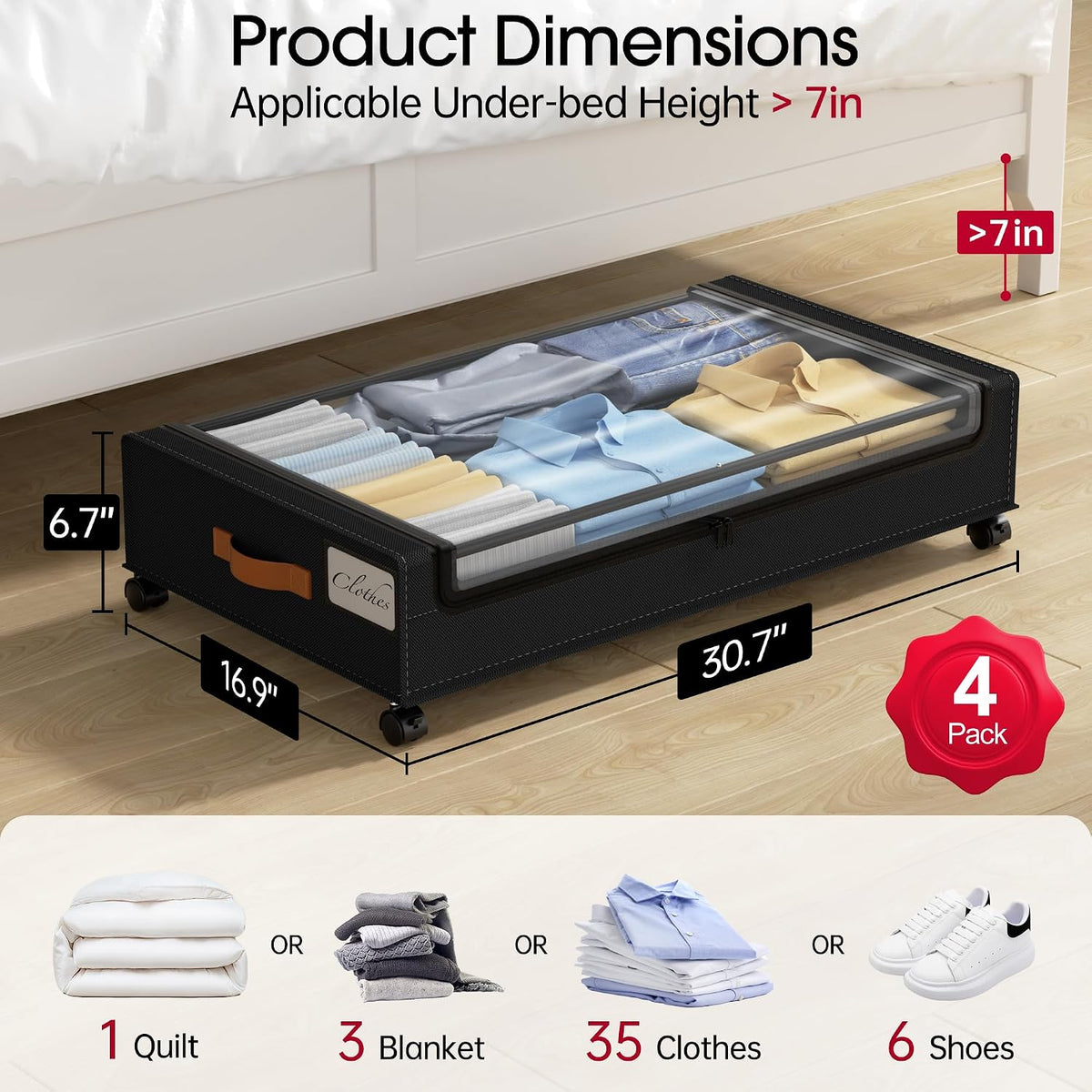 Yecaye Paquete de 4 Cajas de Almacenamiento Debajo de la Cama con R...