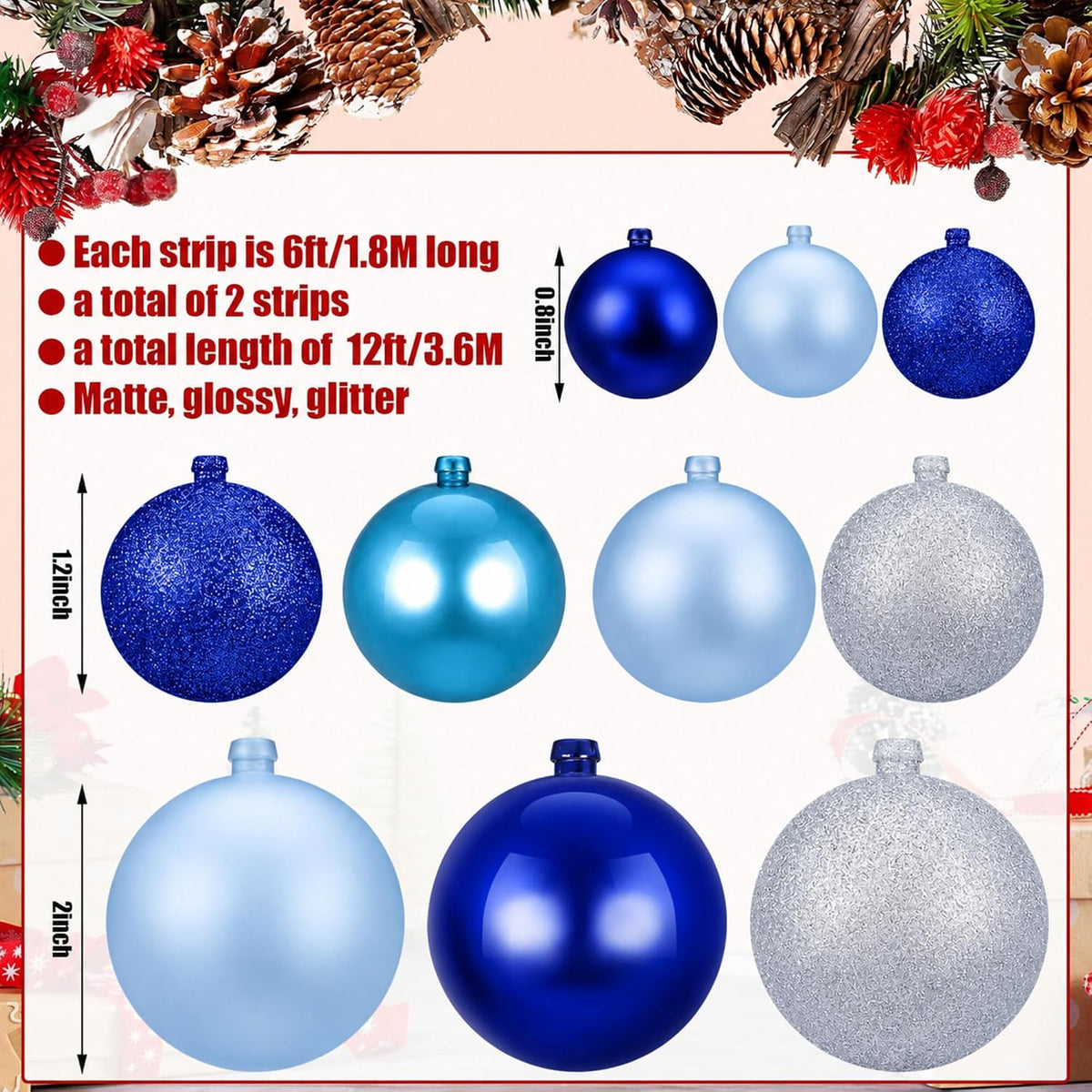 Yuxung 2 guirnaldas decorativas de bolas de Navidad de 6 pies, azul...