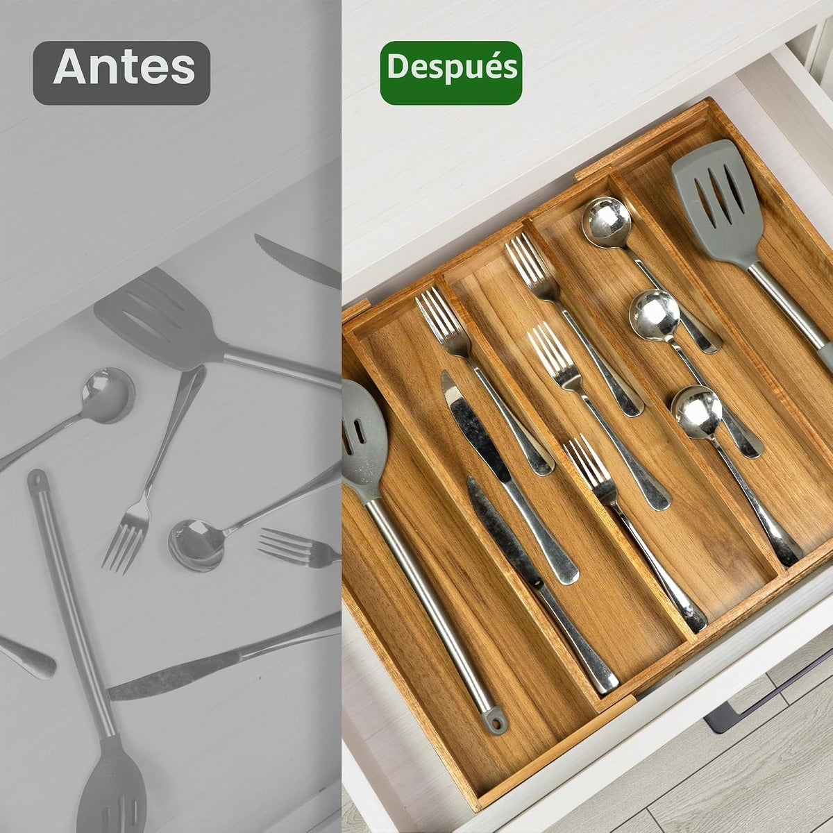 VaeFae Organizador de Cubiertos de Cocina de Acacia, Organizador de...