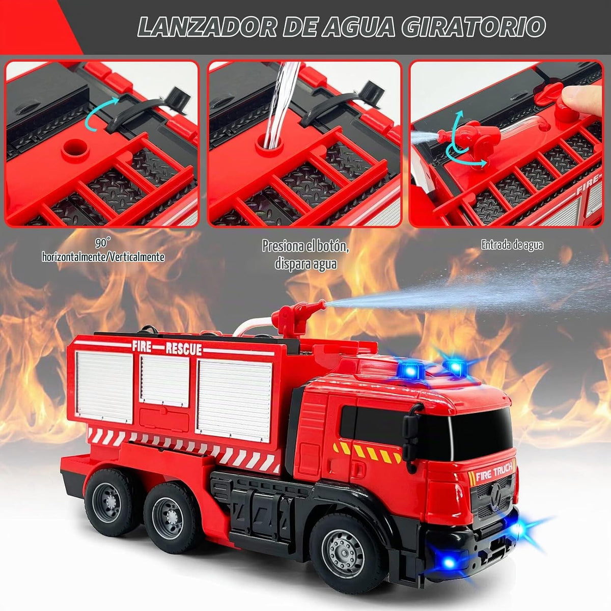 Grarain Camión de bomberos a control remoto con sonidos LED, juguet...