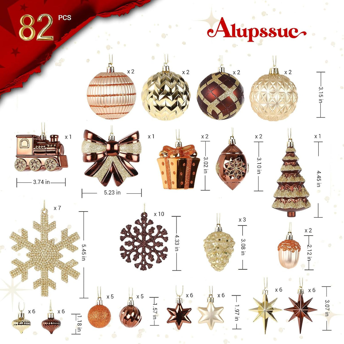 Alupssuc - Juego de 82 bolas de Navidad clásicas, bronce cobre dora...