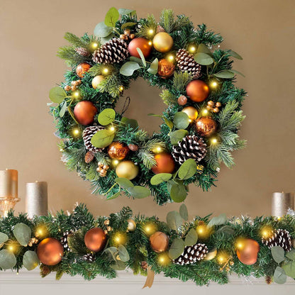 WANNA-CUL Corona de Navidad preiluminada de cobre dorado de 20 pulg...