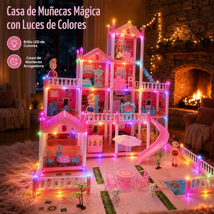 Casa de muñecas Dream para niñas, alfombrilla, luces, tobogán, muñe...