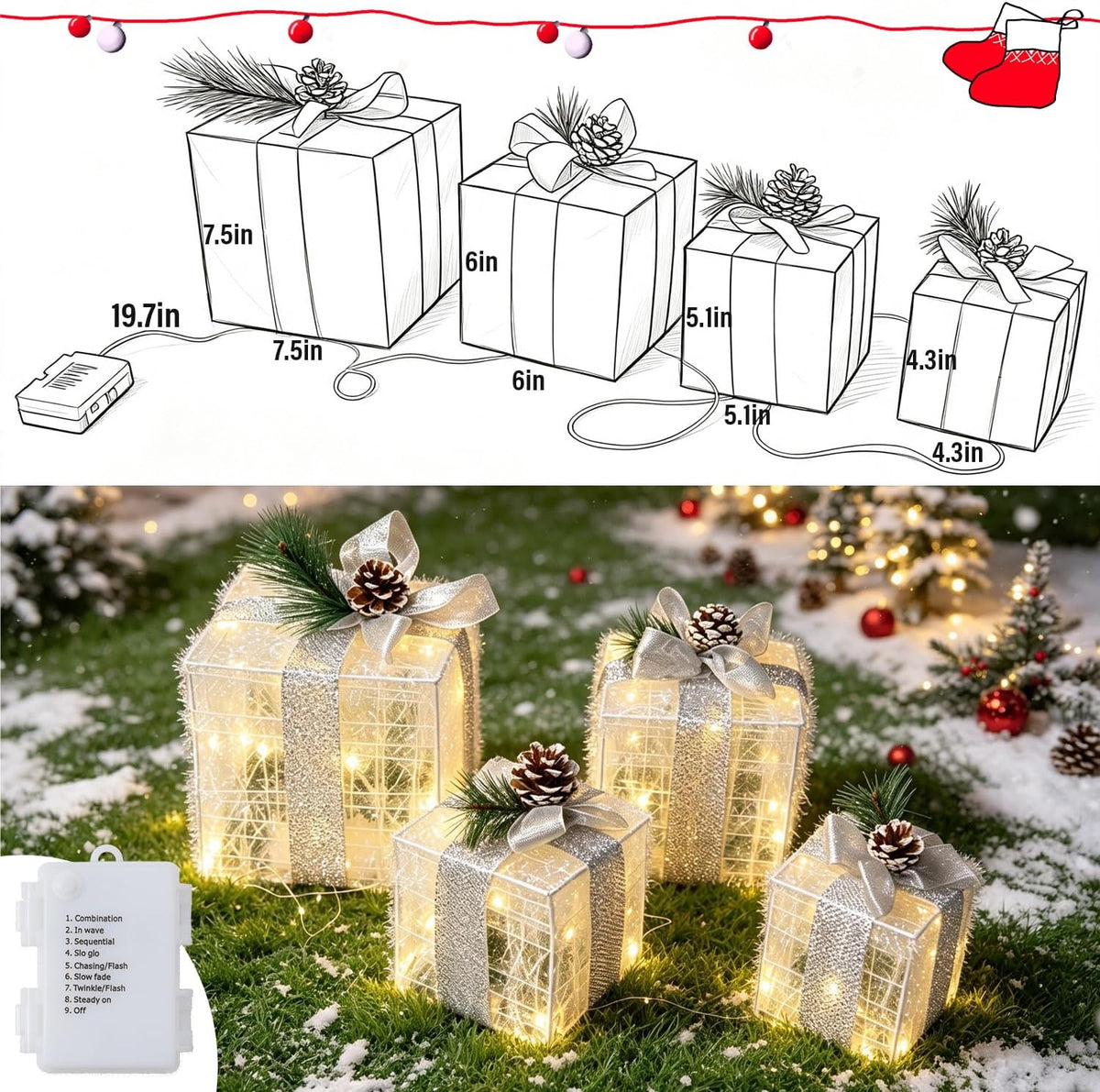 Hourleey Juego de 4 cajas de regalo iluminadas de Navidad, color bl...