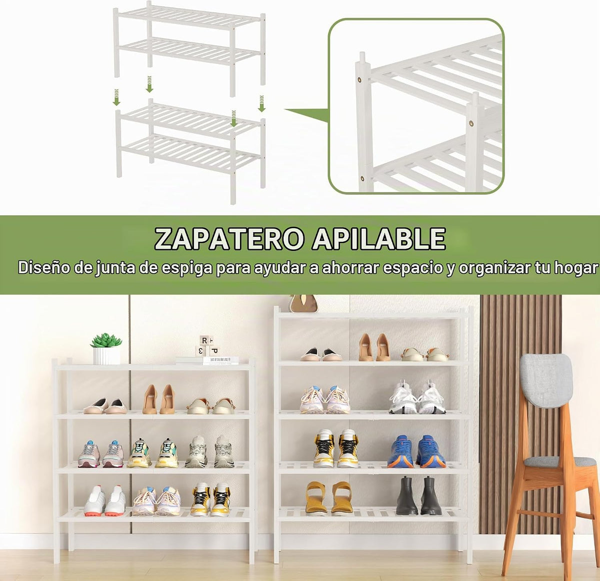 ROMGUAR CRAFT Zapatero de bambú de 4 niveles para armario, estante...