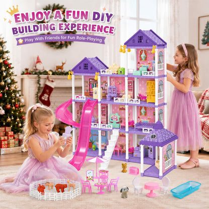 KLADNDER Casa de muñecas, juego de casa de muñecas de 4 pisos y 11...