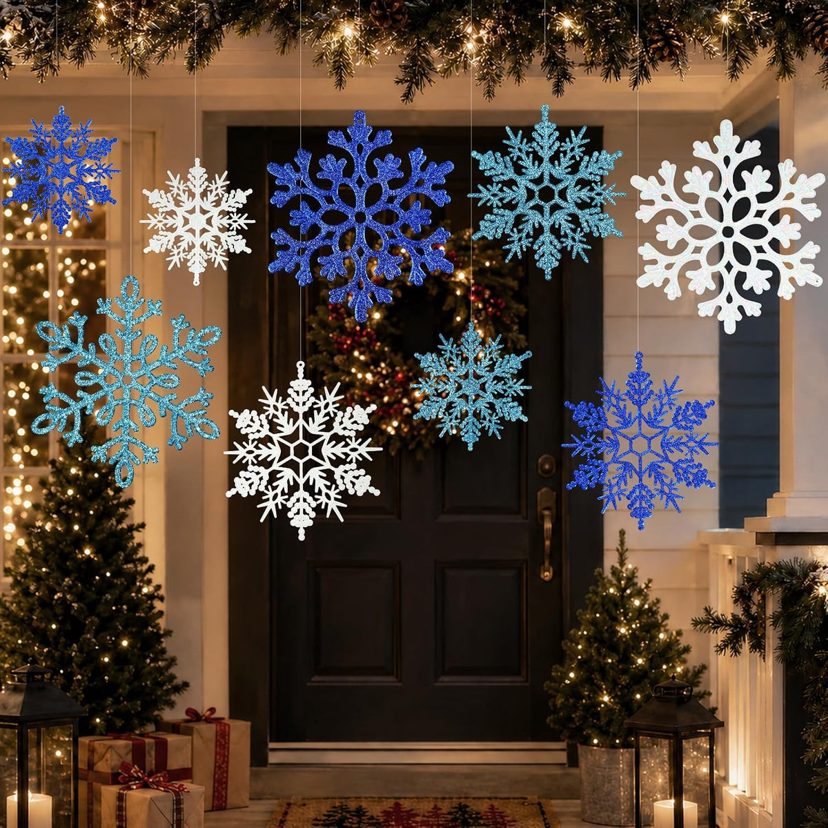 12 adornos de Navidad de copos de nieve azules, copos de nieve colg...