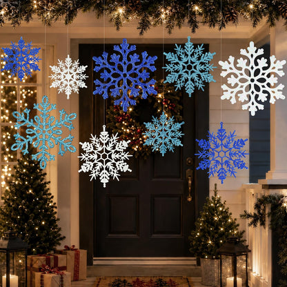 12 adornos de Navidad de copos de nieve azules, copos de nieve colg...