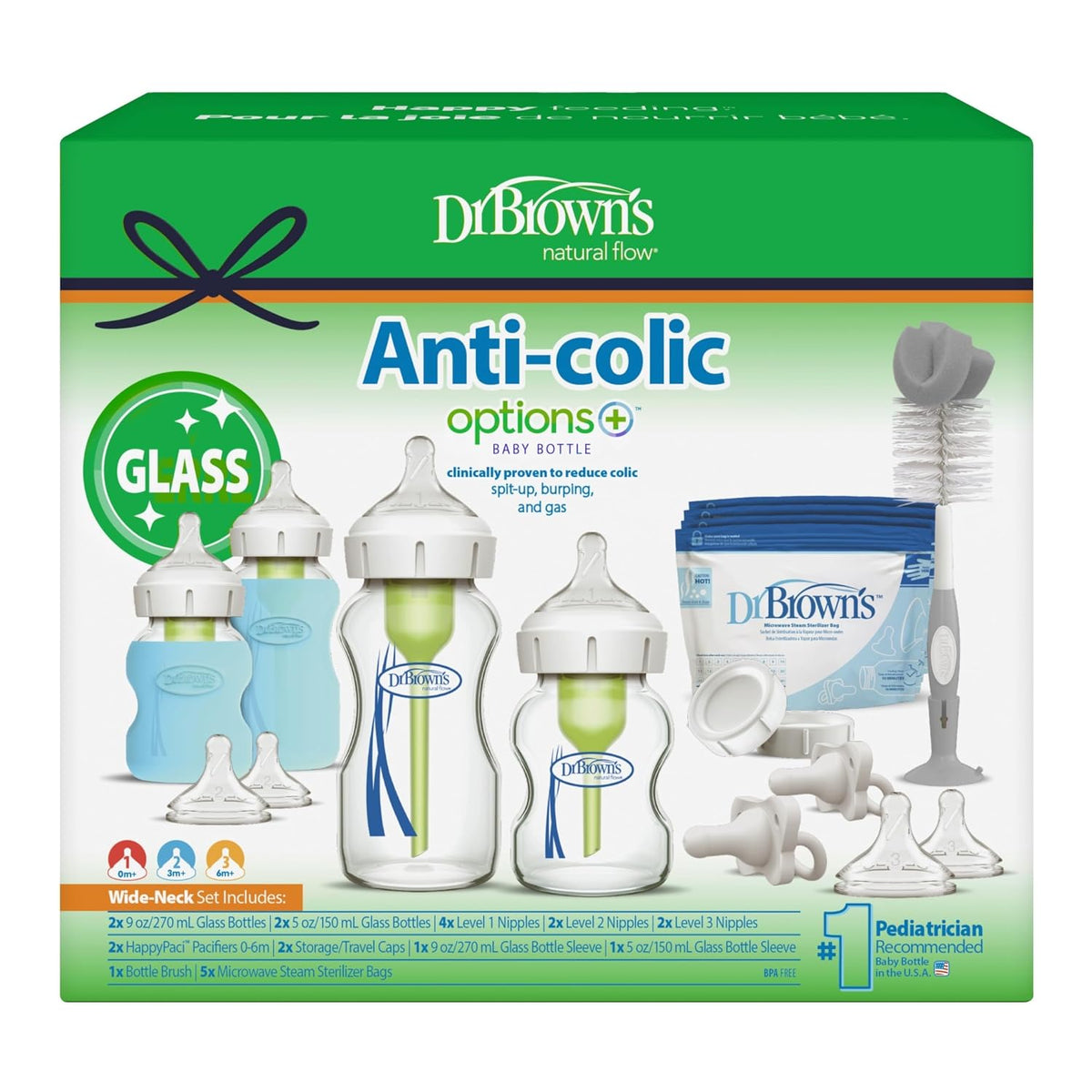 Dr. Brown's Anti-Colic Options+ Juego de biberones de vidrio de...