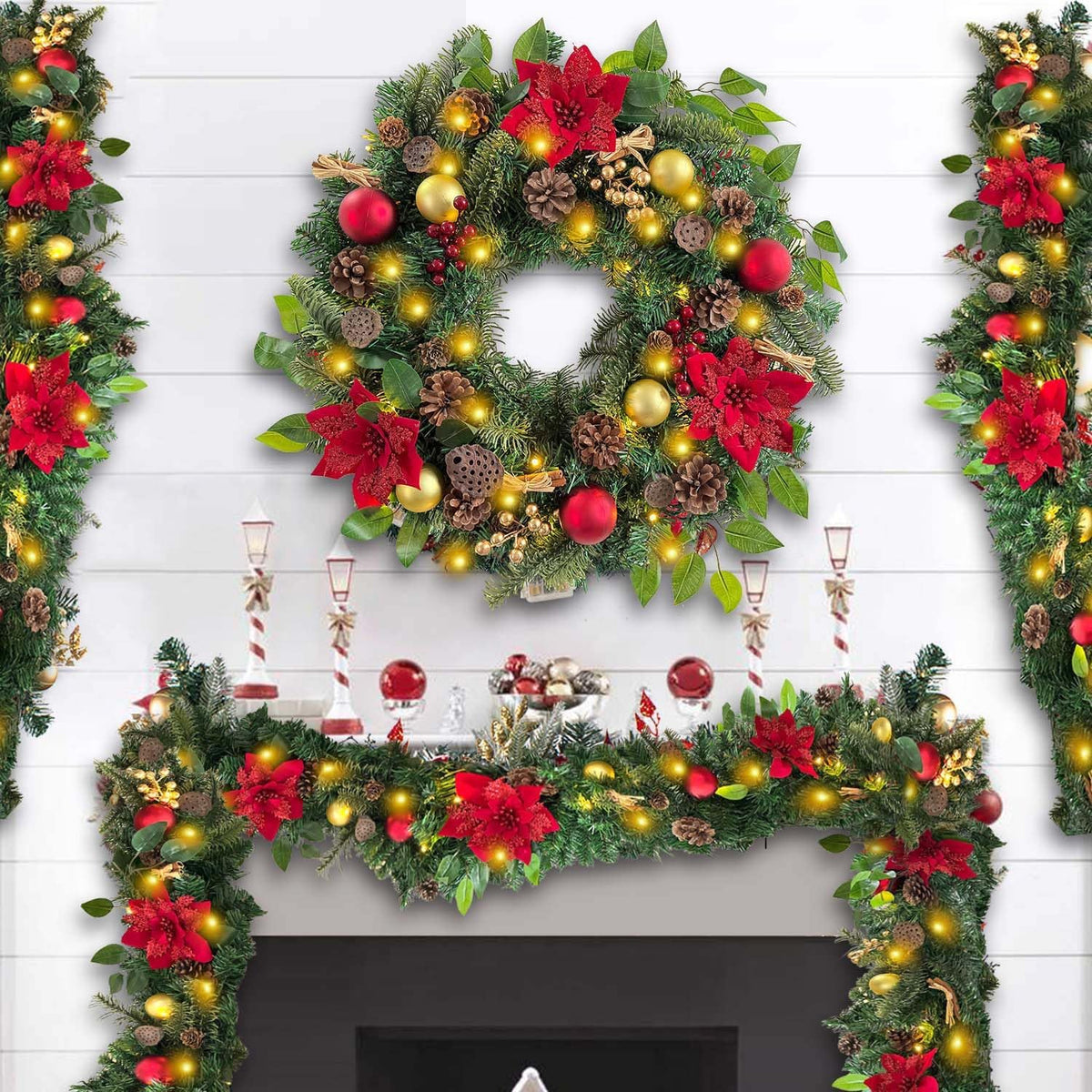 WANNA-CUL Guirnalda de Navidad de oro rojo preiluminada de 6 pies c...