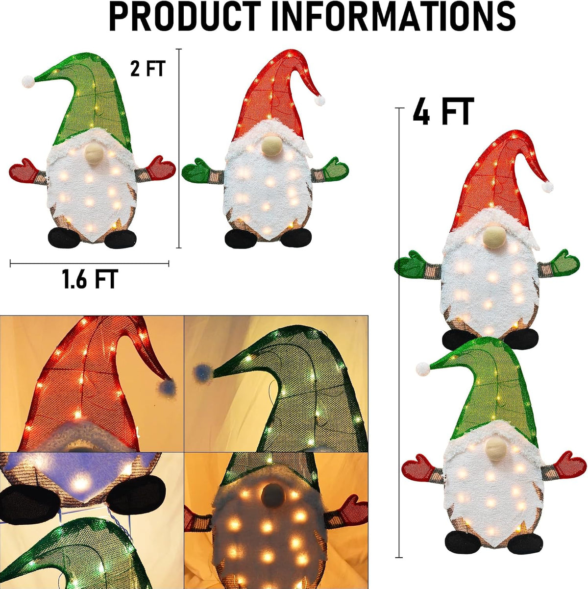 TW SHINE Juego de 2 gnomos de Navidad iluminados, 50 l, 2 pies, gno...